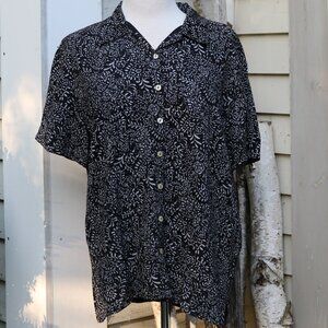 Fresh Produce Black White Vine Print Silky Short Sleeve Button Down Camp Shirt